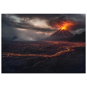 Puede incluir: Una impresión de paisaje que representa una erupción volcánica. La imagen muestra un volcán en erupción con lava ardiente bajo un cielo tormentoso. El primer plano presenta un río de lava incandescente, contrastando con el terreno oscuro y texturizado.