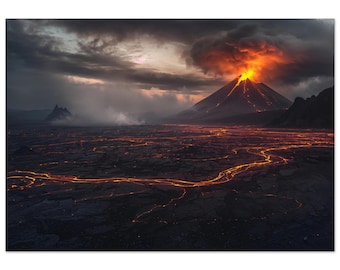 Fiery Volcano Eruption Art Print: Dramatic Lava Landscape