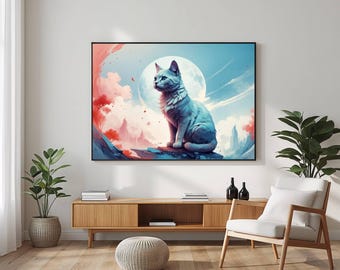 Moonlight Cat Wall Art Print | Fantasy Cat  | Mystical Night Pet Decor | ZaPaDi Studio