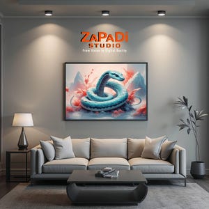 Puede incluir: Obra de arte enmarcada que presenta una serpiente azul claro enroscada, con un diseño detallado. La imagen se encuentra sobre un fondo de elementos rojos y blancos. El texto "ZAPADI STUDIO From Vision to Digital Reality" está encima de la obra.