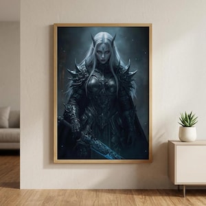 Dark Elf Warrior Queen Print | Armored Drow Fantasy Art, Runic Blade (Fine Art)