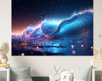 Puede incluir: Impresión en lienzo que representa una ola oceánica estilizada. La ola está representada en tonos azules, con reflejos brillantes y un fondo degradado de naranja y azul oscuro. La obra evoca una sensación de movimiento y la belleza del mar.