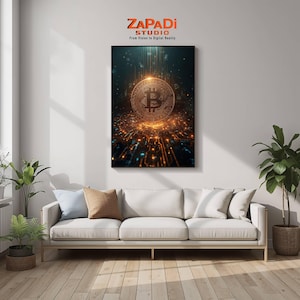 Op de afbeelding: Een ingelijste canvas kunstdruk met een Bitcoin-ontwerp. Het kunstwerk toont een gloeiend Bitcoin-symbool in het midden, omringd door een netwerk van verlichte circuits in goud, blauw en oranje. De print wordt boven een witte bank weergegeven.