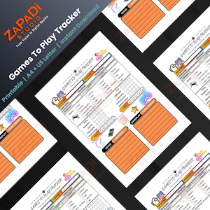 May include: A stack of white printable game trackers with orange and blue accents. Each tracker features sections for game title, platform, genre, and gameplay notes. The text "Games To Play Tracker" is at the top of each sheet.
