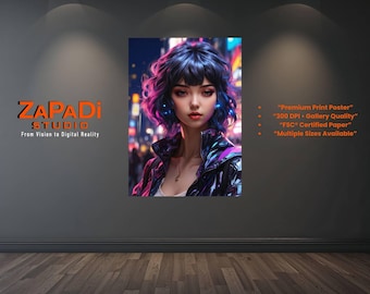 Cyberpunk Girl Art Print: Neon City Portrait, Modern Home Decor