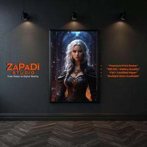 Könnte beinhalten: Ein gerahmter Druck, der eine Frau mit silbernem Haar und einem dunklen, verzierten Outfit zeigt. Der Druck hängt an einer dunkelgrauen Wand, beleuchtet von Scheinwerfern. Der Text "ZAPADI STUDIO" und "Premium Print Poster" sind sichtbar.