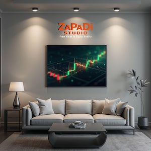 Op de afbeelding: Een moderne woonkamer met een grijze bank, een zwarte salontafel en een ingelijste afbeelding met een financieel diagram. De muur toont de tekst "ZAPADI STUDIO From Vision to Digital Reality" in oranje. Een lamp en een plant in pot maken de inrichting compleet.