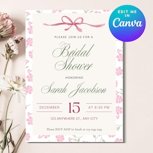 May include: A bridal shower invitation with a floral design. The invitation features a pink bow, pink flowers, and the text "Bridal Shower" and "Sarah Jacobson". The date is December 15th at 6:30 PM.