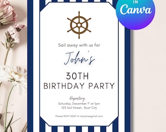 Invito digitale modificabile per compleanno nautico con download immediato / Strisce blu e bianche