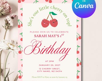 1st Birthday Cherry on Top Girl Birthday Digital Editable Invitation Instant Download | DIY Template