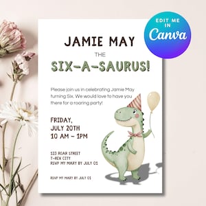 May include: A party invitation featuring the text "Jamie May, The Six-A-Saurus!" with a cartoon dinosaur holding a balloon. The invitation includes event details: Friday, July 20th, 10 AM - 1 PM, and RSVP information.