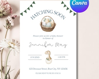 Dinosaur Baby Shower Digital Editable Invitation - Hatching soon | DIY Template