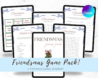 May include: A Friendsmas game pack with five Christmas-themed games displayed on tablets. Games include charades, word scramble, and a Santa's purse game. The pack is designed with a festive bow and Christmas tree graphic.