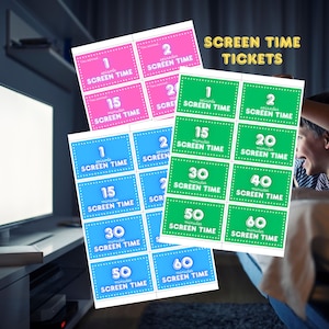 May include: A collection of colorful "Screen Time Tickets" with varying time increments, including 1, 2, 15, 20, 30, 40, 50, and 60 minutes. The tickets are in pink, blue, and green, with white text. The words "Screen Time Tickets" are in yellow.