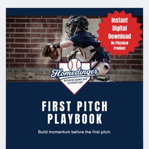 May include: A digital download advertisement for a baseball playbook. The image features a baseball catcher in action, wearing a helmet and mitt. Text includes "Homedinger", "First Pitch Playbook", and "Instant Digital Download". The background is a brick wall.