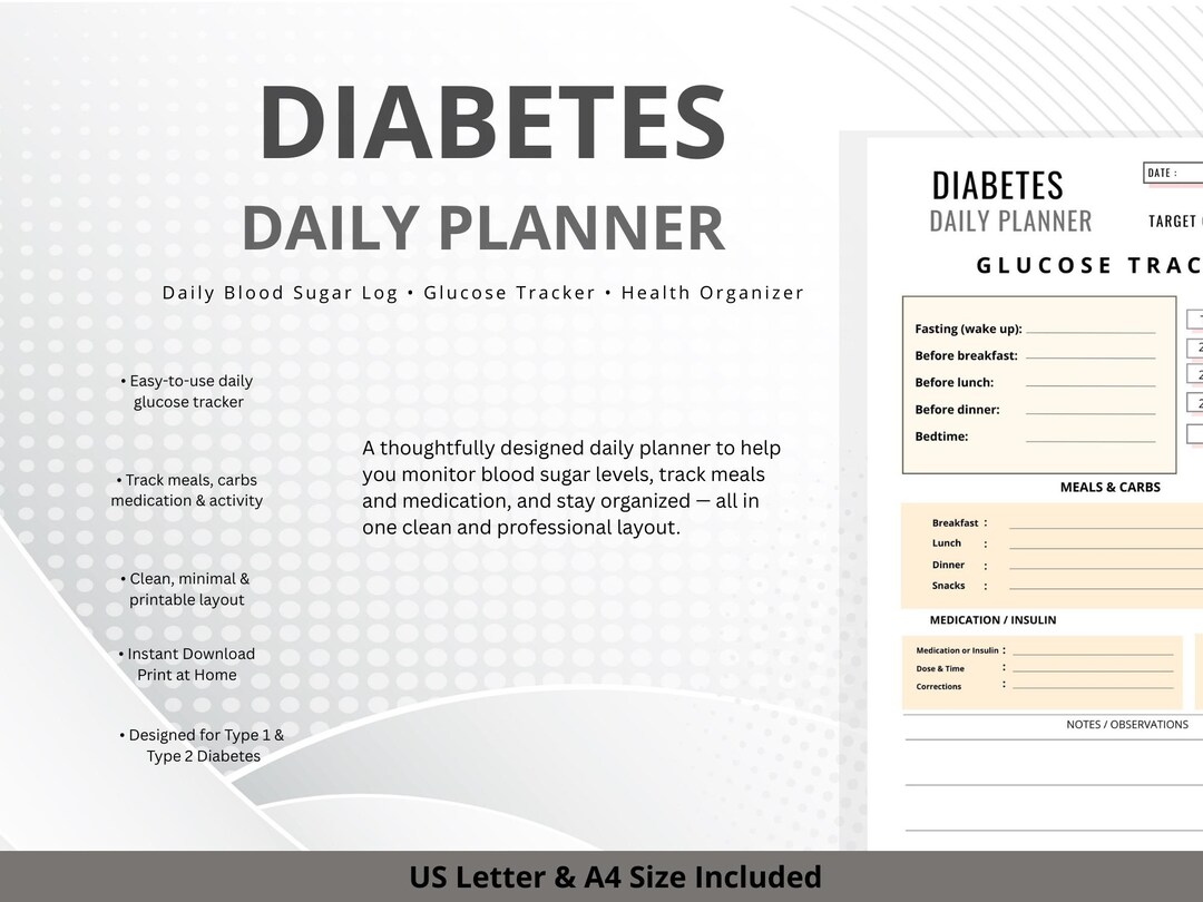 Diabetes Daily Planner Printable | Blood Sugar Log | Glucose Tracker ...