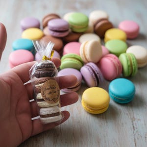 May include: A selection of colourful macarons in pink, yellow, green, blue, and purple. A small cellophane bag contains a stack of macarons with a "handmade with love" sticker. The macarons are on a light blue wooden surface.