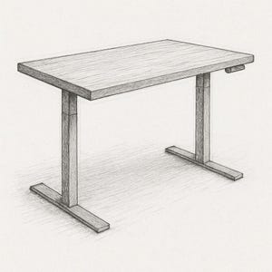May include: Pencil sketch of a rectangular wooden desk with adjustable height. The desk has a light wood grain finish and is supported by two legs with a T-shaped base. A small control is visible on the right side.