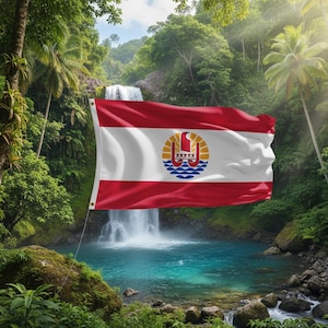 Peut inclure: Un drapeau de la Polynésie française, avec des rayures horizontales rouges et blanches et un emblème central. L'emblème comprend une pirogue polynésienne, le soleil et des vagues océaniques. Le drapeau est présenté sur fond de cascade tropicale et de verdure luxuriante.