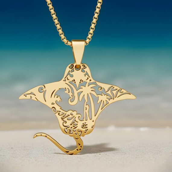 Manta Ray Necklace, Gold Ocean Life Jewelry, Stainless Steel Sea