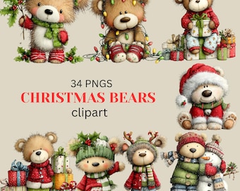Christmas Teddy Bear Clipart: Festive Holiday Graphics (Digital Download - 34 PNGs)
