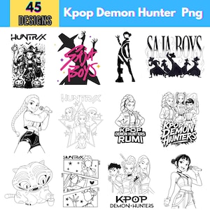 May include: A collection of 45 black and white designs labeled "Kpop Demon Hunter Png." The designs include illustrations of Kpop singers, text graphics, and cartoon characters. The text includes "HUNTRAX," "SAJA BOYS," and "KPOP DEMON HUNTERS."