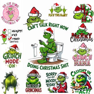 Puede incluir: Una colección de gráficos temáticos del Grinch, con el Grinch con un gorro de Papá Noel. Los textos incluyen "Merry Grinchmas", "Grinch Mode On" y "Caught in the Act!". Los diseños utilizan principalmente verde, rojo y blanco. El Grinch en varias poses.