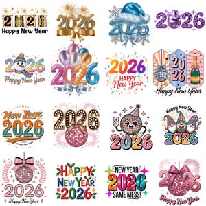 以下が含まれることがあります： カラフルな2026年新年デザインのコレクション。デザインには、テキスト、花火、ディスコボール、雪だるま、ノーム、お祝いの装飾が含まれています。各デザインはユニークでお祝いです。