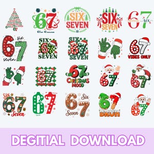 Puede incluir: Una colección de diseños de descarga digital con los números 6 y 7, con las palabras "Six" y "Seven" incorporadas. Los diseños incluyen temas navideños, Papá Noel y elementos festivos. El texto "DIGITAL DOWNLOAD" está en la parte inferior.