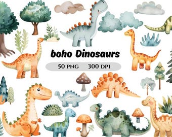 Watercolor Dinosaurs Clipart Bundle, Jurassic Dino Clipart, Prehistoric Illustrations, Transparent PNG Graphics, Commercial Use