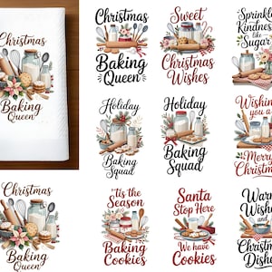 Może przedstawiać: Biały ręcznik kuchenny z motywem świątecznym. Ręcznik zawiera napis "Christmas Baking Queen" z ilustracjami narzędzi do pieczenia, ciasteczek i mleka. Inne wzory to "Christmas Wishes" i "Baking Squad".