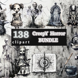Puede incluir: Un paquete de arte digital con 138 imágenes prediseñadas de terror espeluznante. La colección incluye ilustraciones de una casa embrujada, un cuervo, muñecas, esqueletos, calaveras, brujas, un gato negro y un libro abierto con un diseño de brújula. Las imágenes son en blanco y negro.