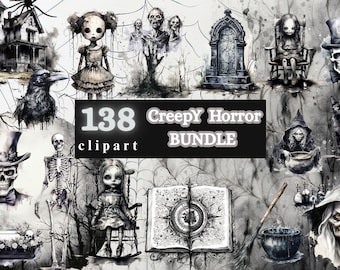 May include: A digital art bundle featuring 138 creepy horror-themed clipart images. The collection includes illustrations of a haunted house, raven, dolls, skeletons, skulls, witches, a black cat, and an open book with a compass design. The images are in black and white.