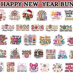Puede incluir: Una colección de más de 300 diseños de Feliz Año Nuevo, con varios gráficos y el año 2026. Los diseños incluyen elementos festivos como lazos, globos y sombreros, con texto como "Feliz Año Nuevo" y "Goodbye 2025, Hello 2026".