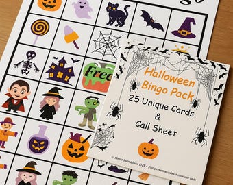 Halloween Bingo Pack – 25 Unique Cards + Call Sheet – Printable Classroom & Family Party Game