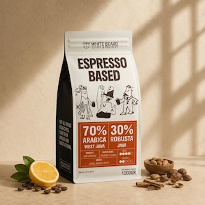 May include: A white coffee bag labelled White Beard Coffee & Roastery Espresso Based, featuring a cartoon illustration, 70% Arabica West Java and 30% Robusta Java text, and 1000gr weight. The bag includes notes of citric, woody, and nutty flavours.