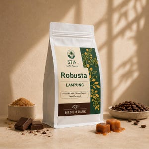 Puede incluir: Una bolsa de café blanca etiquetada como STIA Coffe Roasters Robusta Lampung con notas de malta de chocolate, azúcar moreno y caramelo dulce. La etiqueta presenta un diseño botánico verde y la bolsa está marcada como tueste Medium Dark.