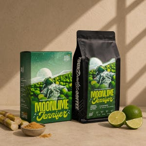 Op de afbeelding: Een groene rechthoekige koffiedoos en een zwarte koffiezak met het label Moonlime Jennifer, voorzien van een astronaut in een veld met limoenen. Inclusief rauwe suikerrietstengels, een kommetje bruine suiker en verse limoenschijfjes.