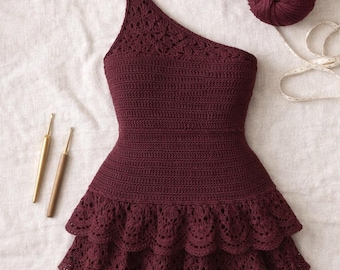 Crochet One Shoulder Dress Pattern PDF | Lace Mini Dress Crochet Pattern | Tiered Skirt Crochet Dress | Instant Download