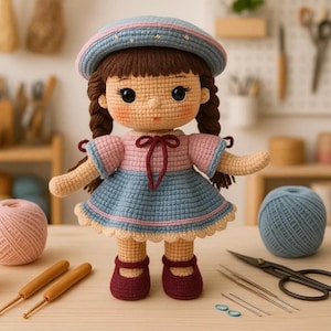 Op de afbeelding: Handgemaakte gehaakte pop met een blauw en roze jurk en hoed. De pop heeft bruine vlechten en staat op een houten oppervlak met garen, haaknaalden en een schaar. De pop is ongeveer 20 cm hoog.
