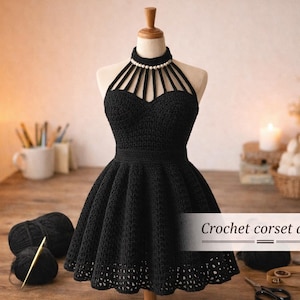 Könnte beinhalten: Schwarzes Häkel-Korsettkleid auf einer Schaufensterpuppe. Das Kleid hat einen Neckholder-Ausschnitt mit Perlen und einen ausgestellten Rock. Der Text "Häkel-Korsettkleid" ist im Bild enthalten.