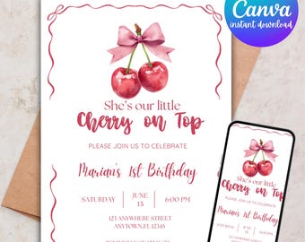 Cherry On Top Birthday Invitation |Editable Template| Size 5x7
