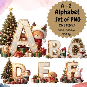 Op de afbeelding: Een digitale alfabetset van PNG-bestanden, met de letters A t/m F, elk versierd met feestelijke kerstversieringen en schattige dierenfiguren. De afbeelding bevat de tekst "A-Z Alphabet Set of PNG" en "26 Letters".