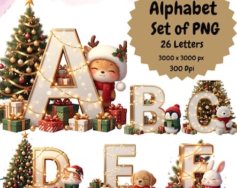 May include: A digital alphabet set of PNG files, featuring letters A through F, each adorned with festive Christmas decorations and cute animal characters. The image includes the text "A-Z Alphabet Set of PNG" and "26 Letters".