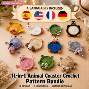Paquete de 11 patrones de posavasos de ganchillo con forma de animales / Juego de posavasos con animales adorables / Soporte para tazas estilo amigurumi / Descarga instantánea en PDF