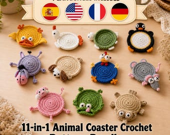 11-in-1 Animal Crochet Coaster Pattern Bundle | Cute Animal Coaster Set | Amigurumi Style Cup Holder | Instant Download PDF