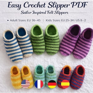 Può includere: Diverse paia di pantofole all'uncinetto a righe in vari colori, tra cui blu e bianco, verde e viola. L'immagine include il testo "Easy Crochet Slipper PDF" e "Sailor Inspired Felt Slippers". Taglie adulti EU 36-45 e bambini EU 25-34/US 8-2.