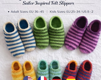 Easy Crochet Slippers PDF Sailor Inspired Felt Slippers • Adult Sizes EU 36–45, Kids Sizes EU 25–34 / us 8–2 / uk 7–1 • Beginner Friendly