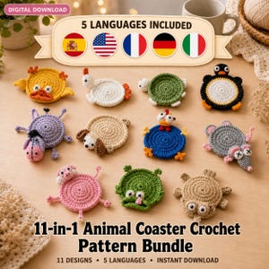 11-in-1 Animal Crochet Coaster Pattern Bundle | Cute Animal Coaster Set | Amigurumi Style Cup Holder | Instant Download PDF