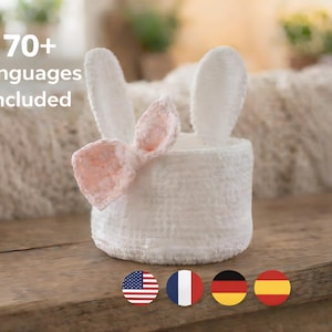 Wzór na szydełkowy koszyczek z kokardką w kształcie króliczka, amigurumi do przechowywania królika, szydełkowy upominek do pokoju dziecięcego, wielkanocny koszyczek z kokardką, wzór na wiosenną dekorację, torba w kształcie króliczka
